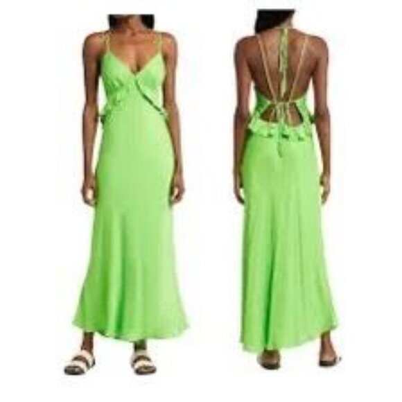 Farm Rio Ruffle Midi Dress Size M Satin Strappy Back Lime Green Plunge New Tags - Picture 16 of 16